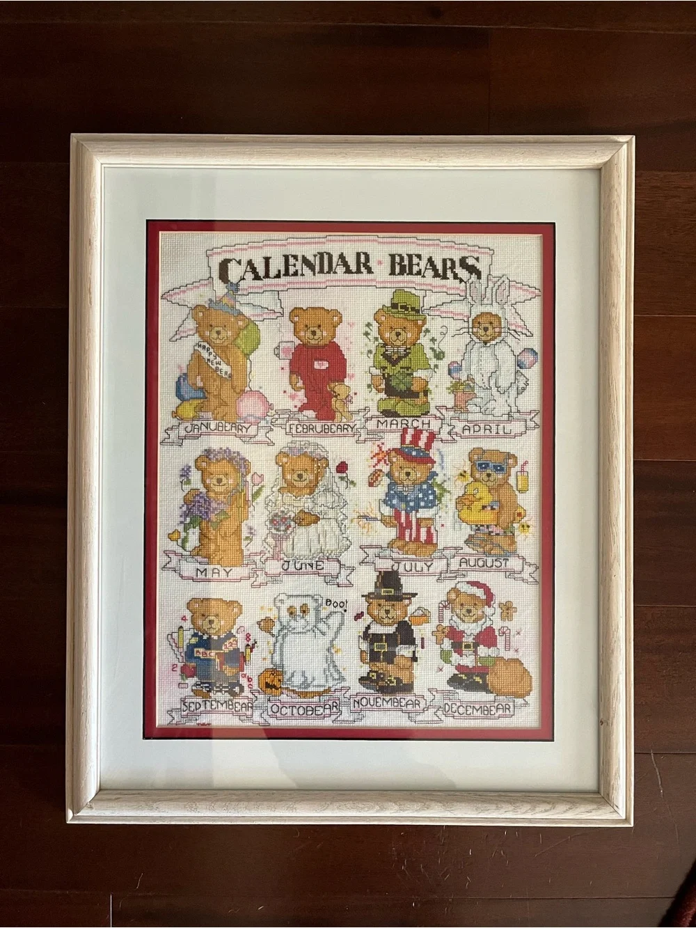Framed Completed Calendar Bears Cross stitch Art needlework folk 80s 90s 🐻 🇺🇸 🗓️